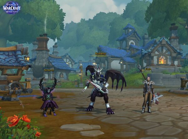 World of Warcraft- Founder's Point Campsite featuring Nicnevin the Devourer Void Elf Demon Hunter, Sconesy the Dracthyr Assassination Rogue and Fiadh the Windwalker Bloof Elf Monk