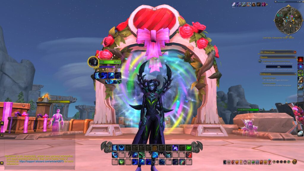 Nicnevin the Void-Scarred Devourer Demon Hunter standing in  front of the Love is in the Air portal in Dornogal.