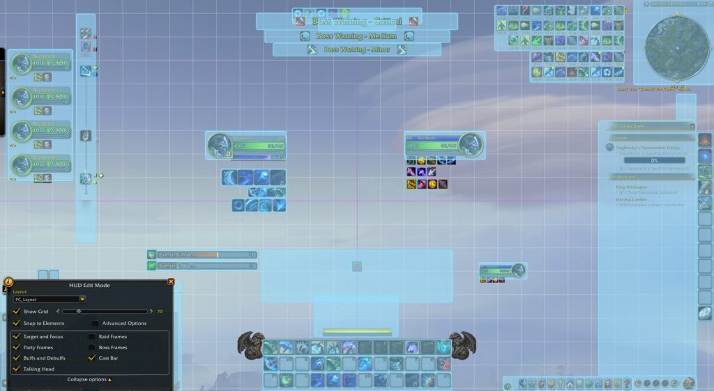 Word of Warcraft - Heads-Up Display Edit Mode screen showing location of action bars and panels.